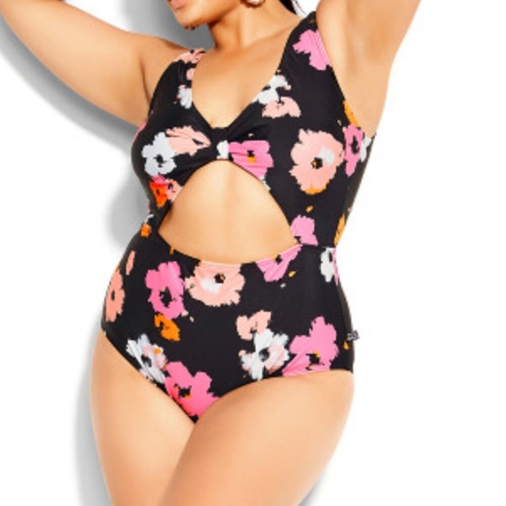 NWT City Chic Izzy black floral Print 1 Piece middle cut out monokini Swimsuit